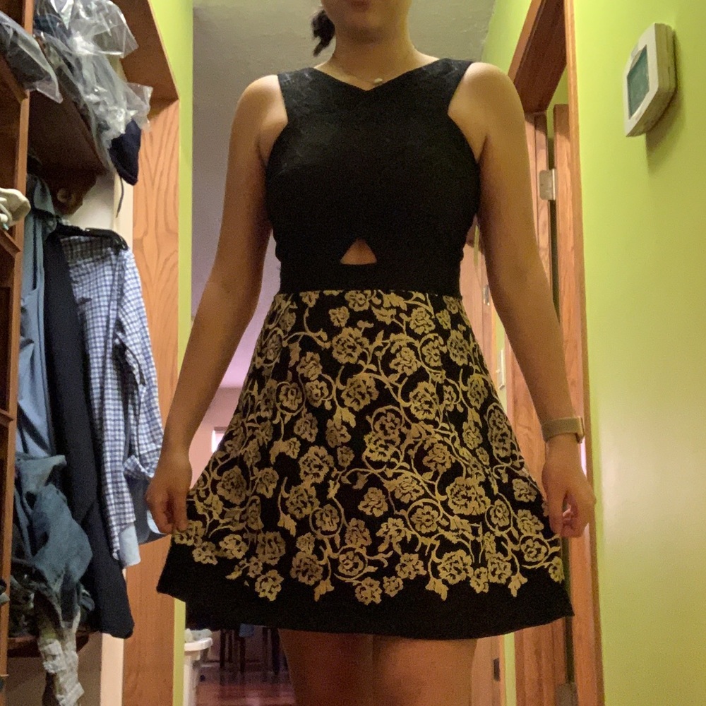 Black lace and gold flower dress
